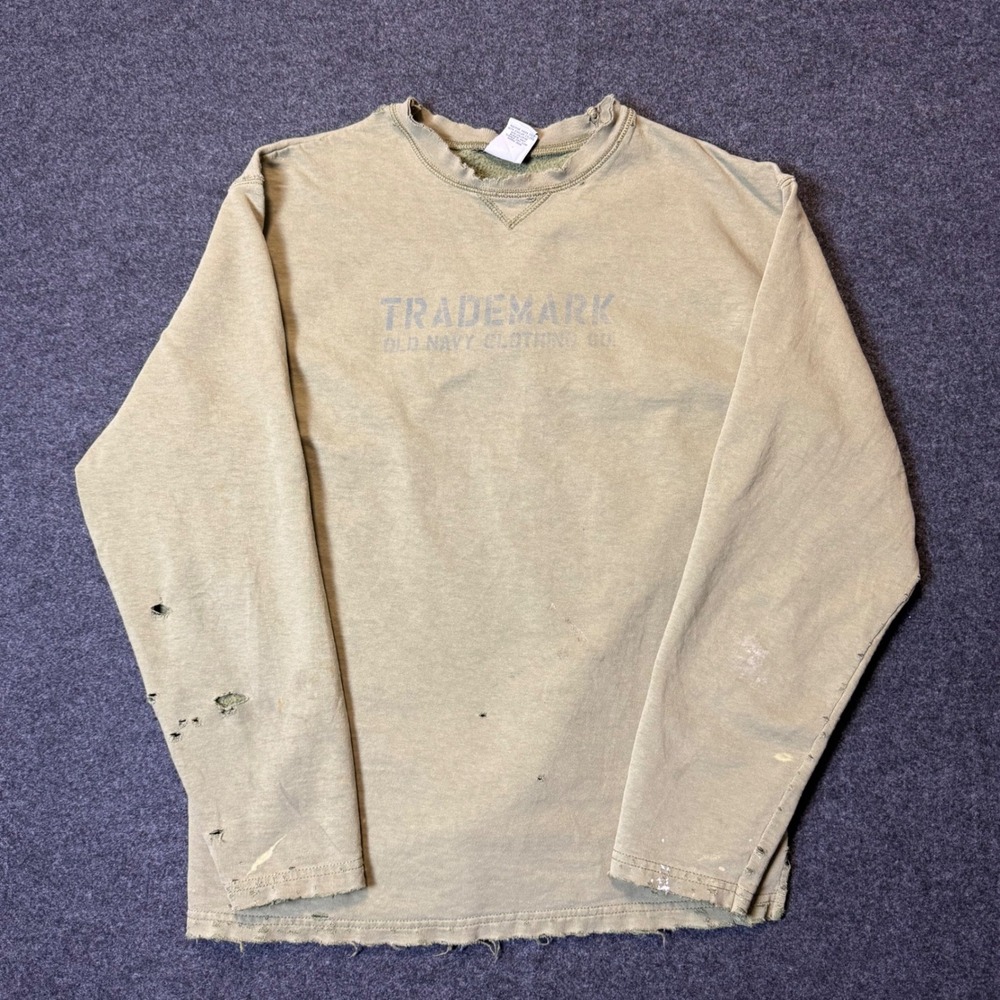 Vintage Old Navy Graphic Tee Mens M Green Distressed Long Sleeve Trademark Shirt